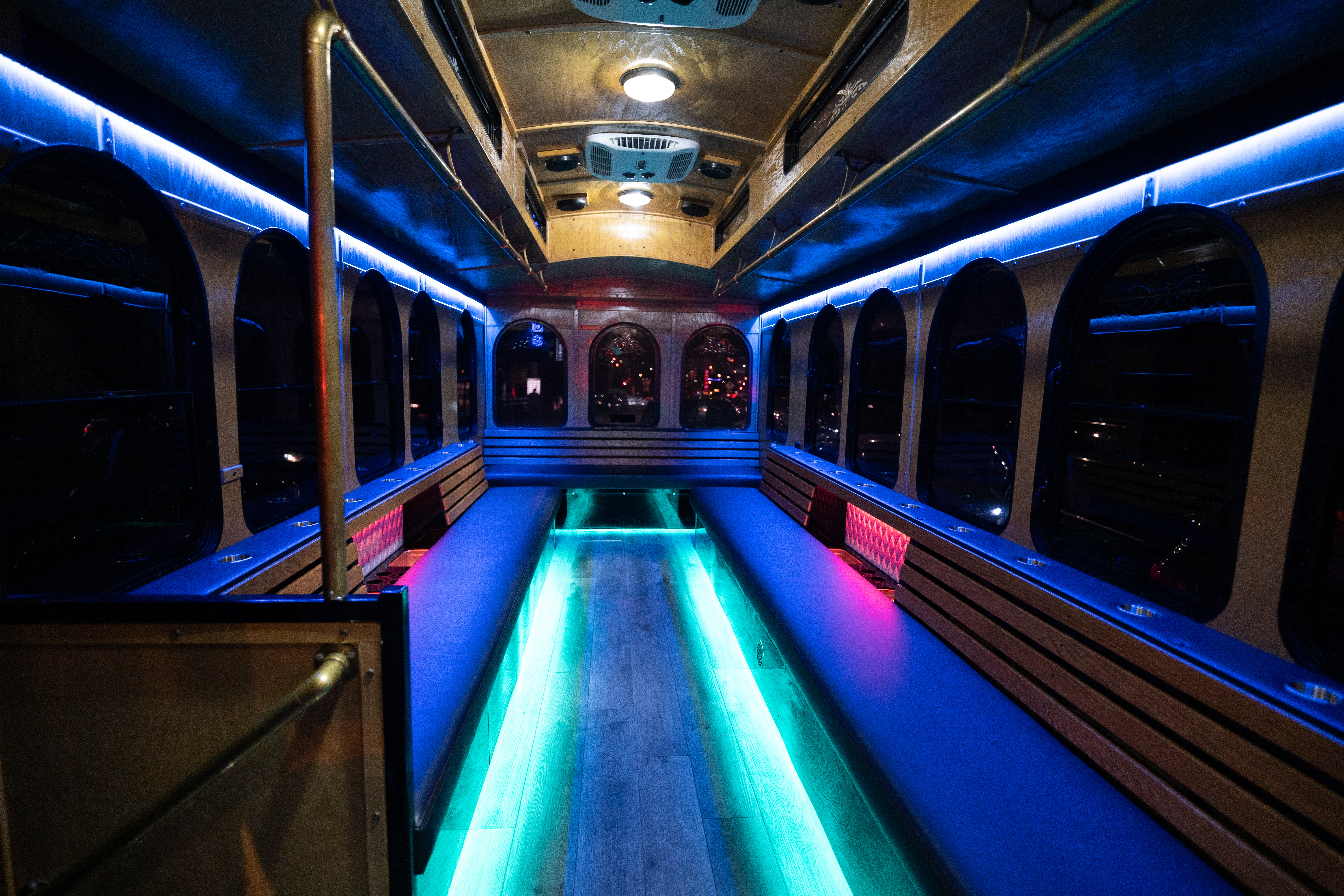 Luxury Chicago trolley interior with premium seating and lighting